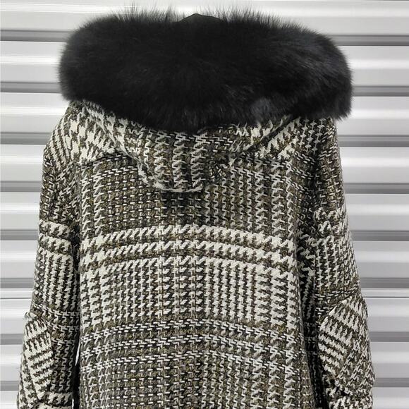 A.B.S. Allen Shwartz Womens Coat Size 14 Houndstooth Luxury Fur Hood Wool Blend - Picture 8 of 16